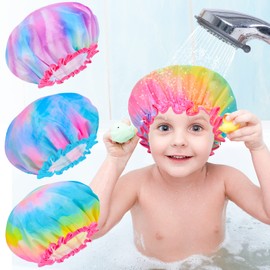 Olypegic Kids Shower Cap, 3 Pcs Girls Shower Cap for Kids Reusable Waterproof Adjustable Large Hair Cap Unicorn Tie Dye Cute Hair Cover Hat
