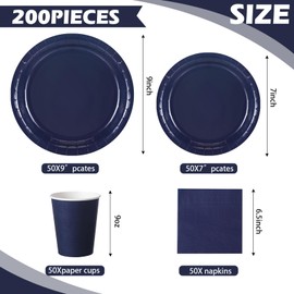Tioncy 200 Pcs Disposable Paper Plates Cups and Napkins Party Supplies Serve 50 Guests Disposable Paper Dinnerware Set for Graduation Birthday Wedding Baby Shower Family Picnic(Navy Blue)