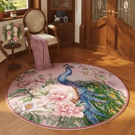 Vowkten Round Rug 4ft Washable Circle Rug Non Slip Low Pile Floral Peacock Animal Small Circular Rug for Bedroom, Bathroom, Entryway, Kids Room, Office, College Dorm (Pink)