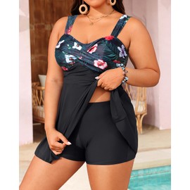 Aqua Eve Plus Size Two Piece Swimsuits for Women Tankini Bathing Suits Flowy Swim Dress with Shorts Floral Black-1 18W