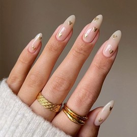 24 Pcs Medium Fake Nails French Tip Press on Nails, Almond Heart Glossy Glue on Nails Full Cover False Nails with Valentine’s Day Designs Medium French Nail Tips Acrylic Nails for Women Girls