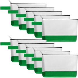 Sinzip 10 Pieces Cotton Canvas Makeup Bag with Bottom and Strap, Multi-Purpose Cosmetic Bag with Zipper Travel Toiletry Pouch, Blank DIY Craft Bag (White&Green, XS)