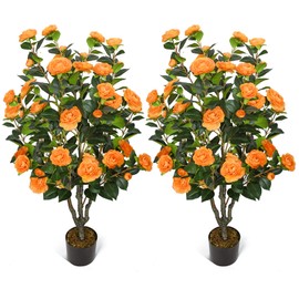 2 Pack 42" Artificial Camellia Tree Faux Floral Trees with 36 Orange Blooming Flowers Tall Camellia Plant in Cement Pot with Dried Moss for Porch Front Door Office Shop Home Room