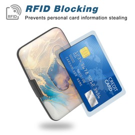 Atufsuat Credit Card Holder, Mini Aluminum Card Wallet RFID Blocking Slim Metal Hard Card Case for Women Men, Pink Gold Marble