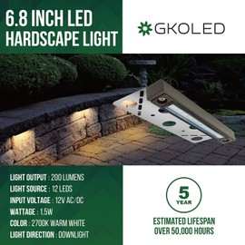 GKOLED 8-Pack Replaceable 6.8" LED Hardscape Lights, Low Voltage Retaining Wall Light, Paver Wall Hardscape Lighting, Outdoor Landscape Step Lights, 12VAC/DC 1.5W 2700K, Die-cast Aluminum Housing