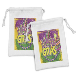 Ambesonne Mardi Gras Fabric Pouch Set of 2, Grunge Background with Colors Vivid Beads Vintage Letters Joyful Print, Small Drawstring Bag for Toiletries Masks and Favors, 9" x 6", Purple Green Yellow