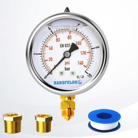 Hansfelds 0-10bar Pressure Gauge Liquid Filled 1/4'' BSP Lower Mount 63mm Dial Face satainless steel case Brass Connection Dual Scale bar/psi Accuracy1.6,2Pieces Bushing reducer 1/4"to 3/8",1/4"to1/2"