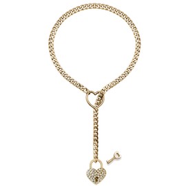 paloli Womens Slip Chain Necklace Heart O-Ring, Punk Rock Cuban Long Necklace Jewelry For Women, Adjustable Lariat Y-Necklace Heart Locker With Key (Crystal Gold Padlock, 24'')