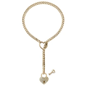 paloli Womens Slip Chain Necklace Heart O-Ring, Punk Rock Cuban Long Necklace Jewelry For Women, Adjustable Lariat Y-Necklace Heart Locker With Key (Crystal Gold Padlock, 24'')
