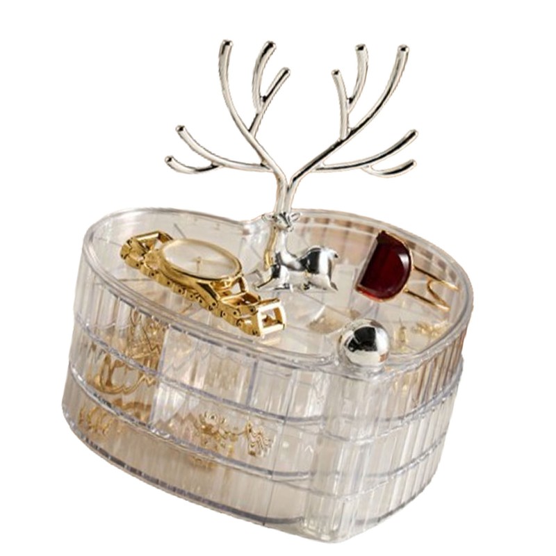 Rotating Jewelry Box with Lid Deer Antler Decoration 3 Layer