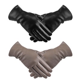 TOSWAKE Leather Gloves for Women 2 Pack, Winter Gloves Women PU Warm Thermal Wool Fleece Lined, Womens Gloves Touchscreen Texting for Driving Motorcycle Dress (Black+Khaki-L)
