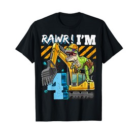 T Rex Dinosaur Construction Hat Excavator 4th Birthday Boys T-Shirt