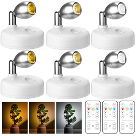 Hortsun 6 Pcs Mini Battery Operated Spotlights with 3 Remote Indoor Plant Wireless LED Spot Lights Rotatable Dimmable Accent Picture Lights for Wall Artwork Painting Display(White)