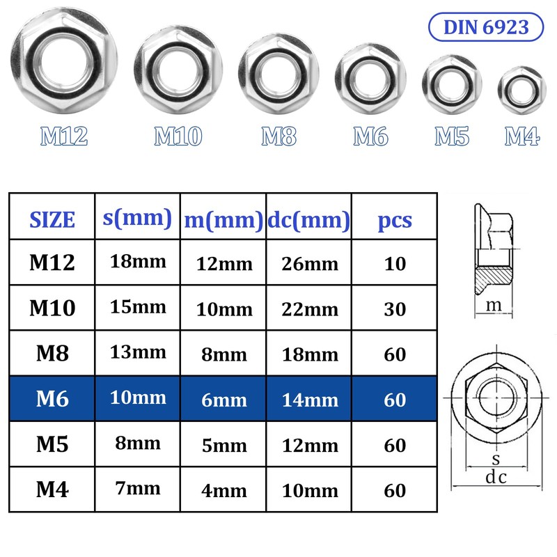 Mbsomnus Pack of 60 M6 Nut Flange Nuts with Locking