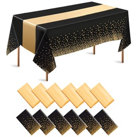 Jeffbaubl 6 Set Tablecloths and Satin Table Runner, 6 Black and Gold Dot Table Cloth 54 x 108 Inch, 6 Gold Satin Runners 11 x 108 Inch, Disposable Plastic Tablecloth for Parties Wedding Birthday
