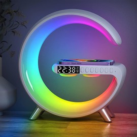 sb components Modern Smart Light Bedroom Alarm Clock with Fast Wireless Charger for Smart Phones and Devices, App Control Bluetooth Speaker Dimmable RGB Table Lamp (White)