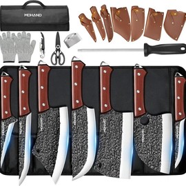 DFITO MDHAND 14pcs Chef Knife Set, Hand Forged High Carbon Steel,Includes Butcher,Meat Cleaver, Boning,and Viking Knives,with Knife Bag,Perfect Gift for Dad - Color: Style C: 14PCS Hammer Pattern Butcher Knife Set