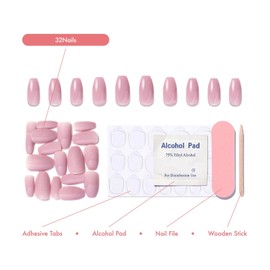 Press On Nails 32 Pink – Medium Coffin I Thick Gel Coating Reusable Press on Nails - Rosewood Essence I One Color Tip for Adult I Fake Nails with Adhesive Tabs, Clean Pad, Nail File & Wood Stick