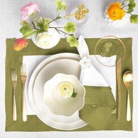 Solino Home Linen Dinner Napkins 20 x 20 Inch - 100% Pure Linen Avocado and White Cloth Napkins Set of 4 - Contempo, Handcrafted and Machine Washable