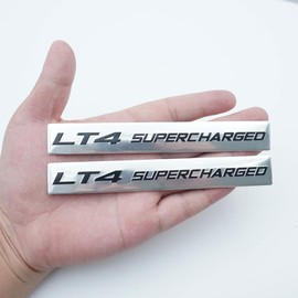 Pair Set LT4 Supercharged Highly Polished Real Aluminum Emblems Badge Nameplate (Silver Black)