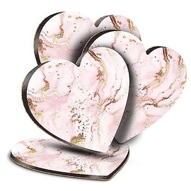 4 x Heart Coasters - Pink & Gold Marble Art Anniversary Cork Backed MDF Glossy Tea Coffee Accessory #170719