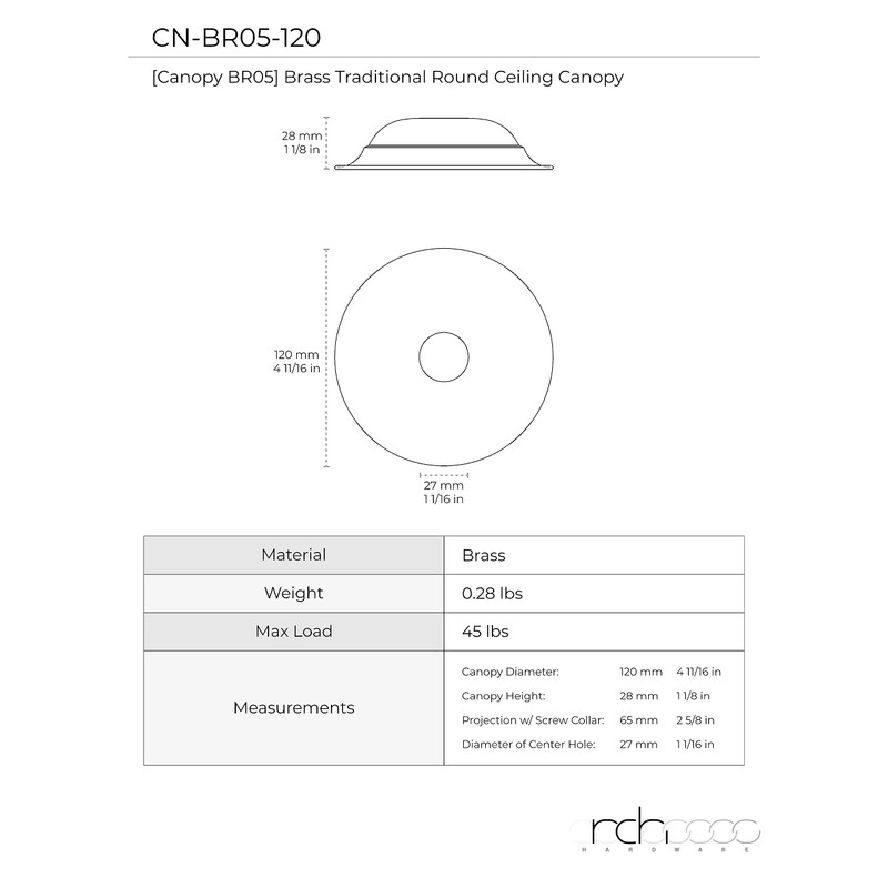 RCH Hardware CN-BR05-120 Brass Traditional Round Ceiling Canopy, 4.7 Inch,