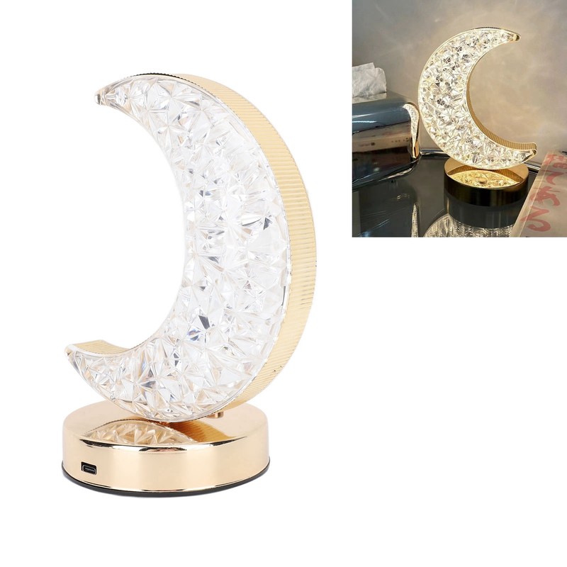 Bedside Table Lamp Crystal Moon Shape Cordless Rechargeable Long Touch