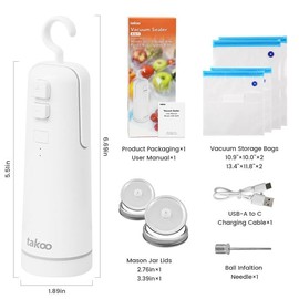 takoo 4-in-1 Portable Cordless Vacuum Sealer for Dry/Moist Food Storage with 4 Vacuum Bags, Heat Sealer for Chip Bags, Inflation Pump for Balls/Swim Ring