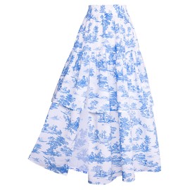 Floral Skirts for Women 2025 High Waisted A Line Flowy Maxi Skirts Light Blue S