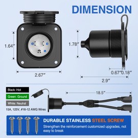 Nilight 15 AMP RV Power Flanged Inlet 125V AC Port Shore Receptacle with Extension Cord ETL Listed NEMA 5-15P Plug (2) 5-15R Female Outlet for Camper Generator Shed Motorhome