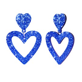 Glitter Heart Earrings Acrylic Double Heart Dangle Earrings for Women Mother Valentines Jewelry for Girlfriend Wife Sister (Blue)