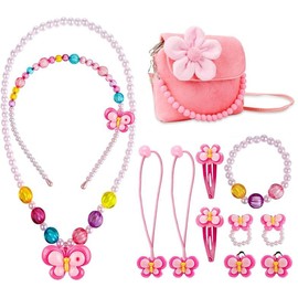 Kids Jewelery Sets for Girls, Necklace Bracelet Ring Clip-on Earrings Hair Clips Set, Kids' Costume Jewelry Party Favors Dress up Pretend Play Little Girls, Princess Fashion Floral Handbag