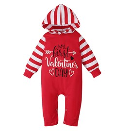 Newborn Baby My 1st Valentine's Day Outfit Girls Cute Infant Romper Jumpsuit Cotton Red Heart Printed Clothes with Headwear (Striped Red, 0-3 Months)
