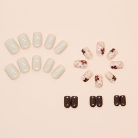 JUSTOTRY 24 Pcs Beige Floral Press on Nails Short Pattern,White French Square Fake Nails,Glossy Daisy Coffee False Nails Medium for Nails Art,Classy Squoval Stick on Nails for Women Gifts