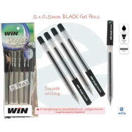WIN BeeGel 5 x 0.5mm Fine Tip BLACK Gel Pens Super Smooth Flow Ink Comfort Grip