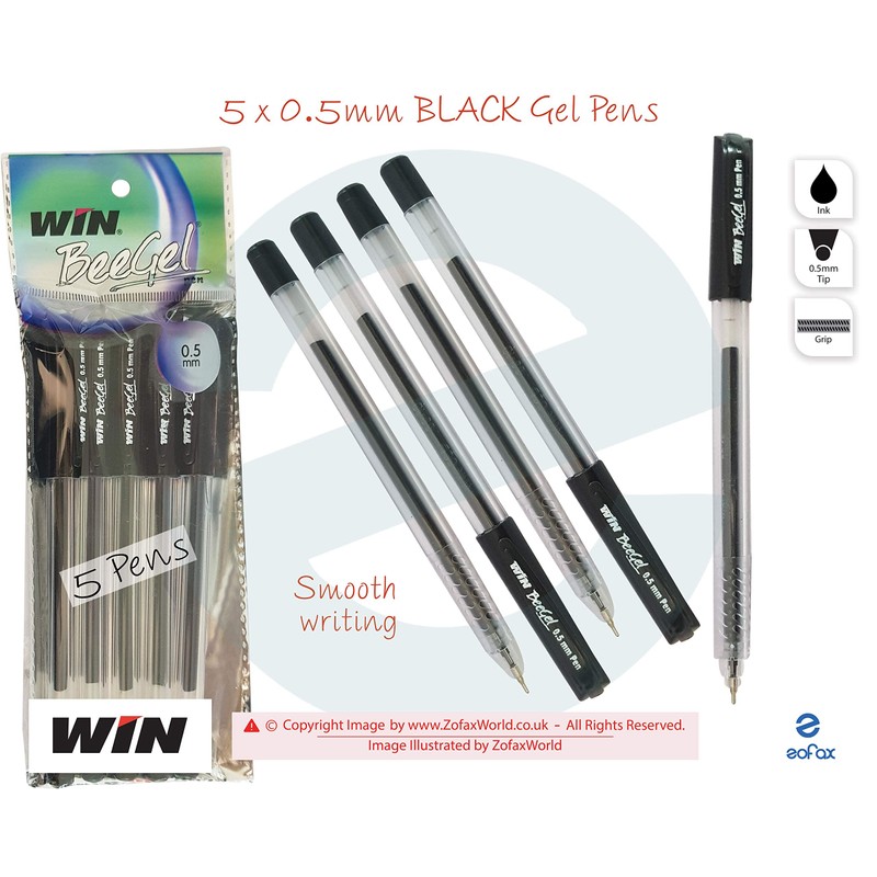 WIN BeeGel 5 x 0.5mm Fine Tip BLACK Gel Pens