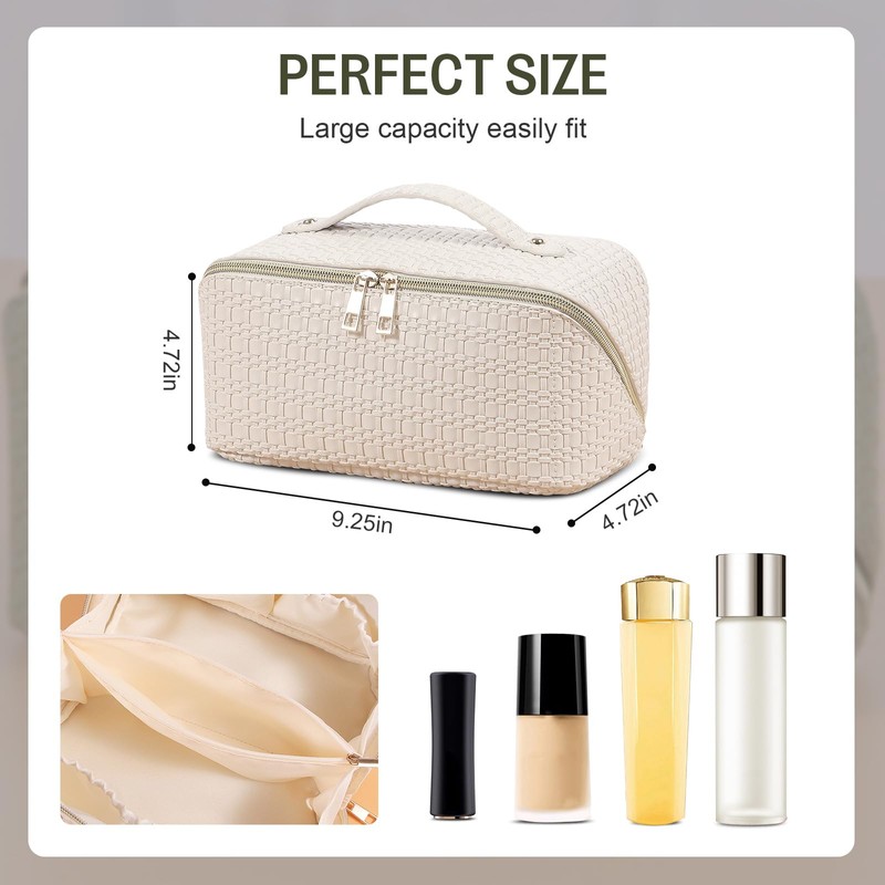Large Capacity Travel Makeup Bag, Woven Leather Makeup Bag, Waterproof