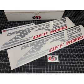 ZR2 Off Road Decals (2pk) American Flag Truck Bedside Fender Stickers Fits 2015-2024 Chevy Silverado Colorado 4x4 (Metallic Silver & Red)