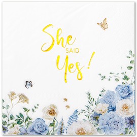 Crisky 50 Pcs Bridal Shower Napkins Gold Foil She Said Yes Blue Floral Paper Disposable Napkins for Wedding/Engagement/Bridal Shower Party Decoration, 3-Ply