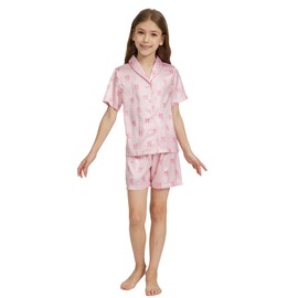 Ewbob Girls Silk Satin Pyjamas Set Short Sleeve Button-Down Kids PJs Breathable Soft Nightwear Children Sleepwear Age 5-14(C9-001)-Pink Bow-7-8Y