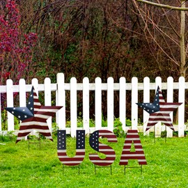 Metal Barn Stars Garden Stake Hanging Star Ornament American Flag Yard Sign USA Lawn Decoration Indoor Outdoor Patriotic Decor for July 4th Independence Day Memorial Day Party (USA+22"+16.5")
