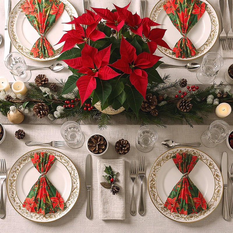 12 Pcs Christmas Poinsettia Cloth Napkins 20x20 Washable Dinner Red