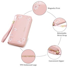 Pomelo Best Women's Large Purse in Long Format Flowers Embossing Zip Wallet with RFID Blocking and Many Compartments, pink, Classic