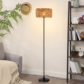 Unique Farmhouse Floor Lamp for Living room, Bedroom and Office, Original Handmade Water Lettuce Rattan Shade Tall Standing Light Black , Modern Vintage Rustic Rural Décor(No Bulbs)