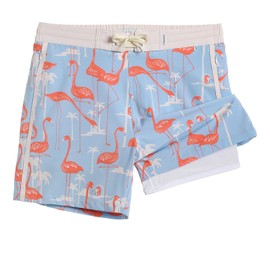 maamgic Men's Swim Trunks with Compression Liner Board Shorts Vintage Beach Shorts Quick Dry with Zipper Pockets High Flamingo Blue Large