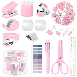 Mini Office Supplies, Purple School Supplies with Sticky Notes,Mini Stapler,Tape Dispenser,Hole Punch,Staple Remover,Staples,Clips,Scissor,Pen (Pink)