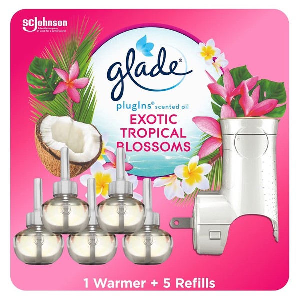 Glade PlugIns Refills Air Freshener Starter Kit, Scented and Essential Oils for Home and Bathroom, Tropical Blossoms, 3.35 Fl Oz, 1 Warmer + 5 Refills