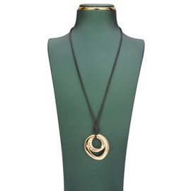 Kelake Leather Necklace for Women Men Teen - Boho Vintage Adjustable Choker with Unique Gold Alloy Double Circle Pendant, Black Leather Rope Necklaces Gift Jewelry