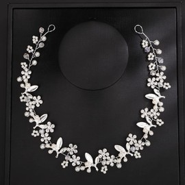 Teyglen Bridal Wedding Flower Leaf Headband Hair Vine Silver Crystal Pearl Headpieces Floral Hair Pieces Hair Accessories for Women Bride Flower Girl