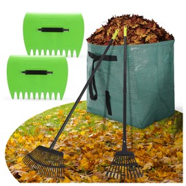 5-in-1 Metal Rake Set, 2 PC Adjustable Rake for Leaves,39 Gallon Leaf Bag, Grabbers, Work Gloves, Rakes Heavy Duty for Gardening Cleanup,Gardening Tools for Lawn Care Outdoor Camping